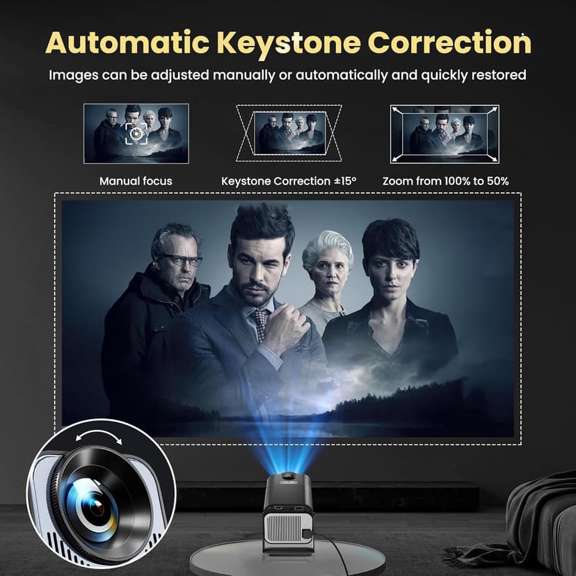 Smart Mini Projector with WiFi and Bluetooth,4k Portable Projector, 180° Rotating Adjustment with Android, Home Videoprojector with Auto Keystone Correction , Black