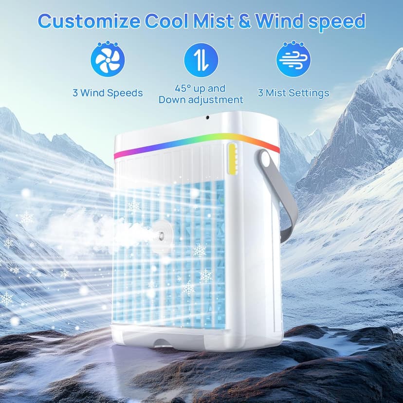 Portable Air Conditioners,1200ML Cooling fan Mini Air Conditioner with Remote Control,3 Wind Speed & 7 LED Light,3 Cool Mist& 1-3H Timer,Personal Air Conditioner Evaporative Air Cooler for Room/Office