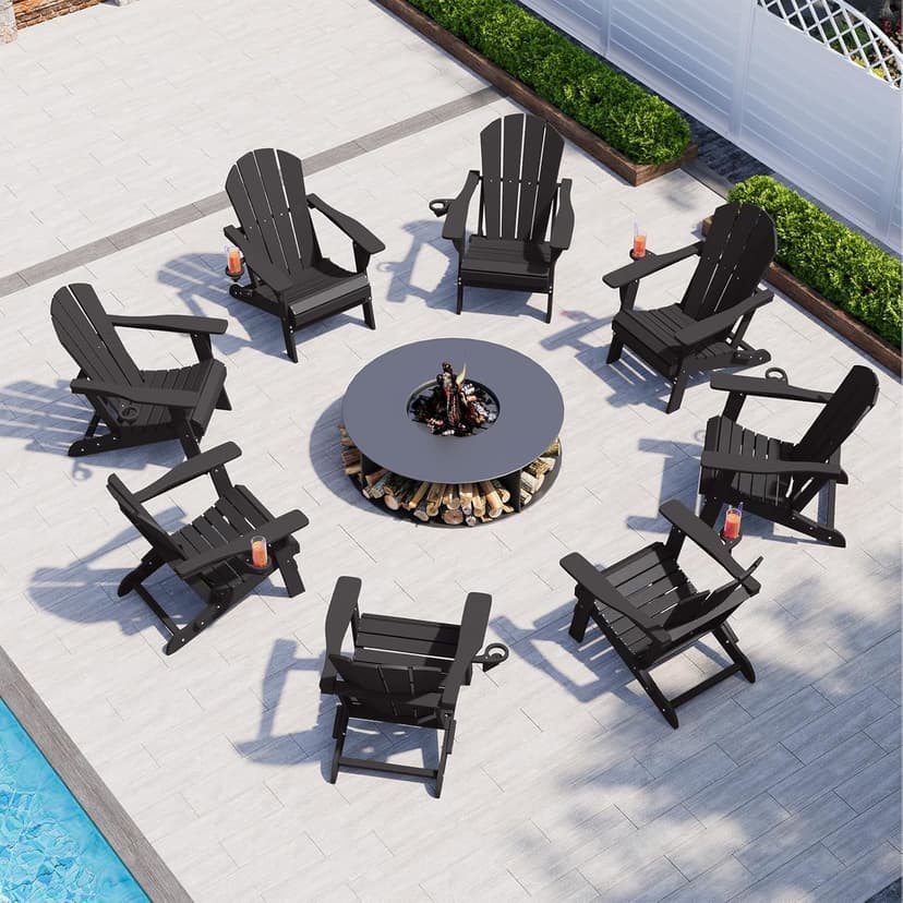 Folding Adirondack Chair Set of 8, HDPE All-Weather Patio Chairs for Outdoor, Patio, Lawn, Garden, Backyard Deck, Fire Pit - Black