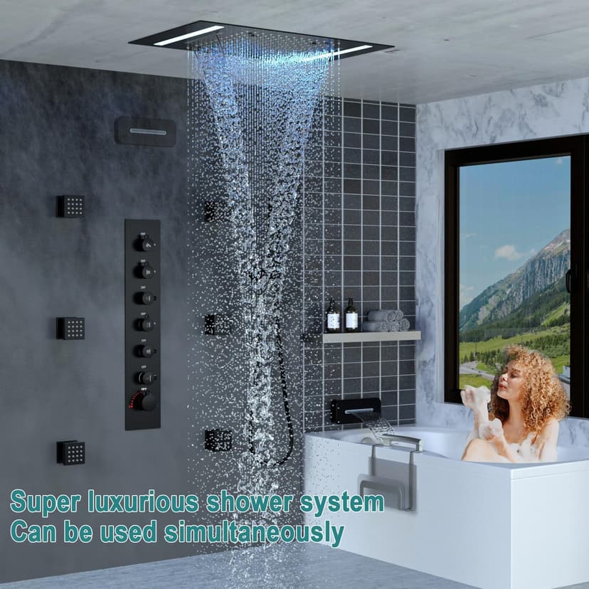 HOMEDEC LED Multi Functions Full Body Shower System with 6pcs Body Jets Spray with（Up/Down ）Shower Spout, Large 3 In 1 Functions 14x20inch Showerhead, Rainfall Mist Shower Faucet Set Complete, Black
