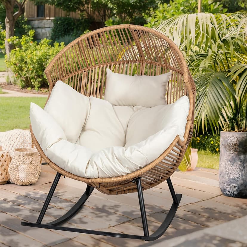 Vongrasig Wicker Egg Chair PE Rattan Rocking Chair with Cushion, Oversized Patio Lounge Rocker Chair for Outdoor, Indoor, Balcony, Backyard, Garden, Beige