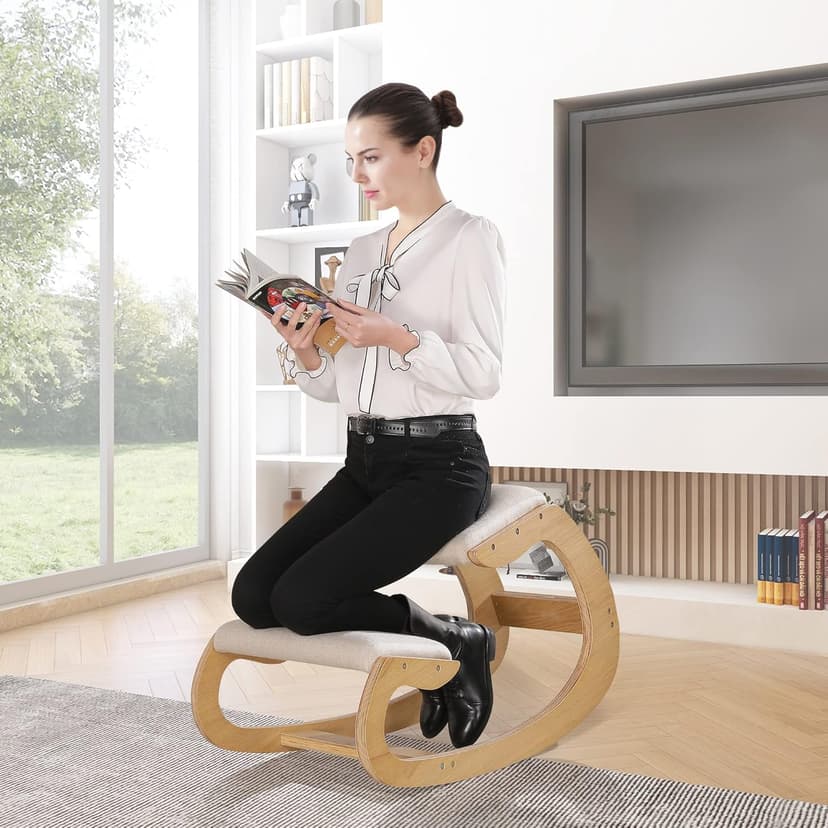 Predawn Ergonomic Kneeling Chair, Rocking Chair Stool, Knee Chair, Posture Chair for Home Office Meditation Wooden & Linen Cushion-Office Desk Chair for Back Neck Pain Relief & Improving (White Oak)