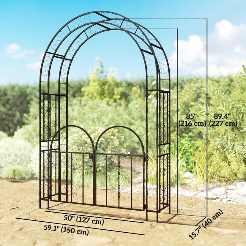 Outsunny 7.4ft Steel Garden Arch with Gate, Garden Arbor Trellis for Climbing Plants, Roses, Vines, Wedding Arch Stand for Outdoor, Garden, Lawn, Backyard, Black