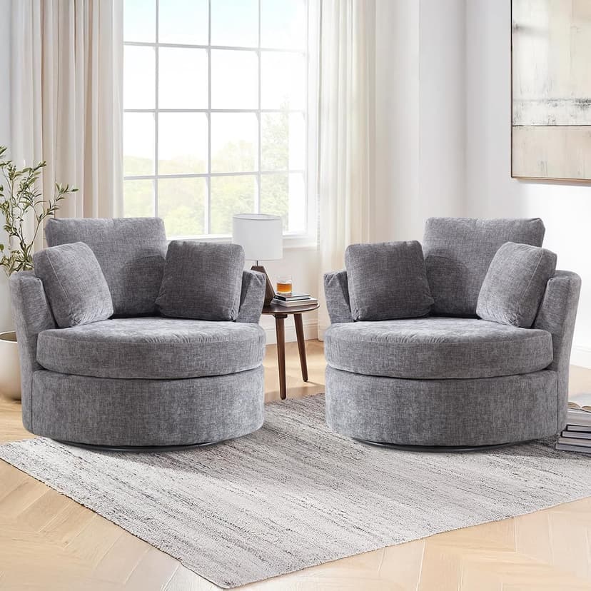 42" W Modern Grey Swivel Barrel Chair with 360° Round Metal Base & Soft Chenille Pillows & Thick Cushion, Comfy Oversized Chaise Longue Indoor Living Room, Bedroom Club Reading Armchair (Gray)