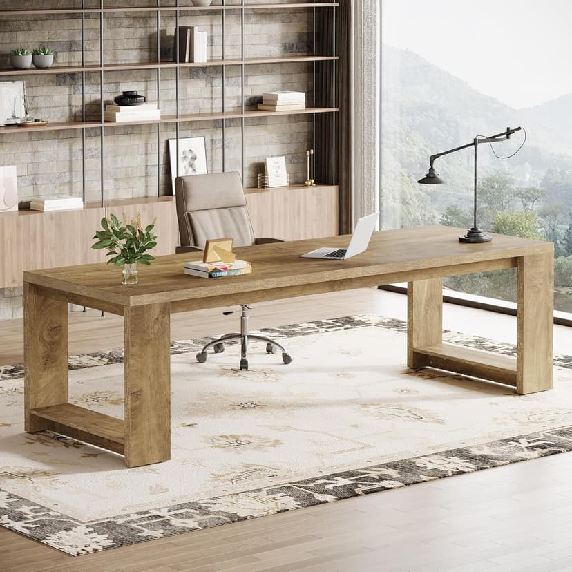 Tribesigns Two Person Desk, 86.6 Inches Extra Long Desk, Double Computer Writing Table, Wood Large Desks Workstation for Home Office, Natural Oak