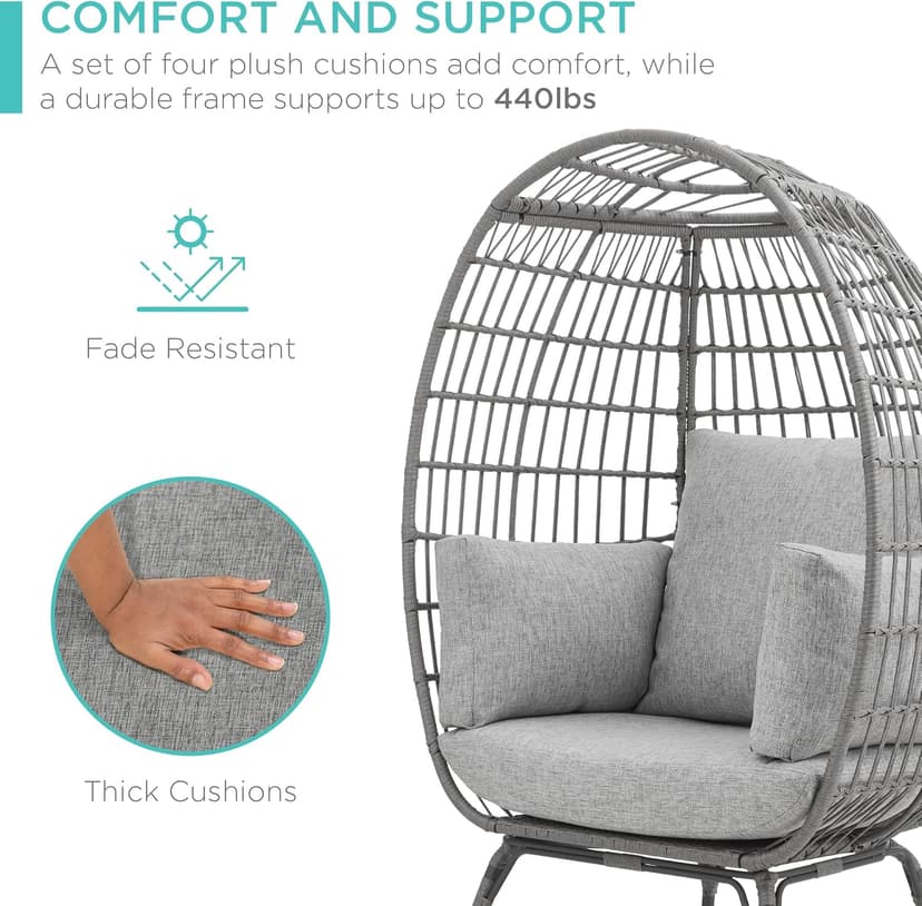 Best Choice Products Wicker Egg Chair, Oversized Indoor Outdoor Lounger for Patio, Backyard, Living Room w/ 4 Cushions, Steel Frame, 440lb Capacity - Gray/Heather Gray