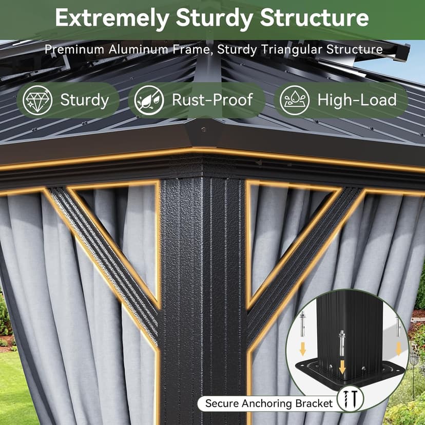 Aoxun Hardtop Gazebo 10x12, Aluminum Frame Canopy with Double Galvanized Steel Roof, Outdoor Gazebo with Breathable Netting and Privacy Curtain for Backyard