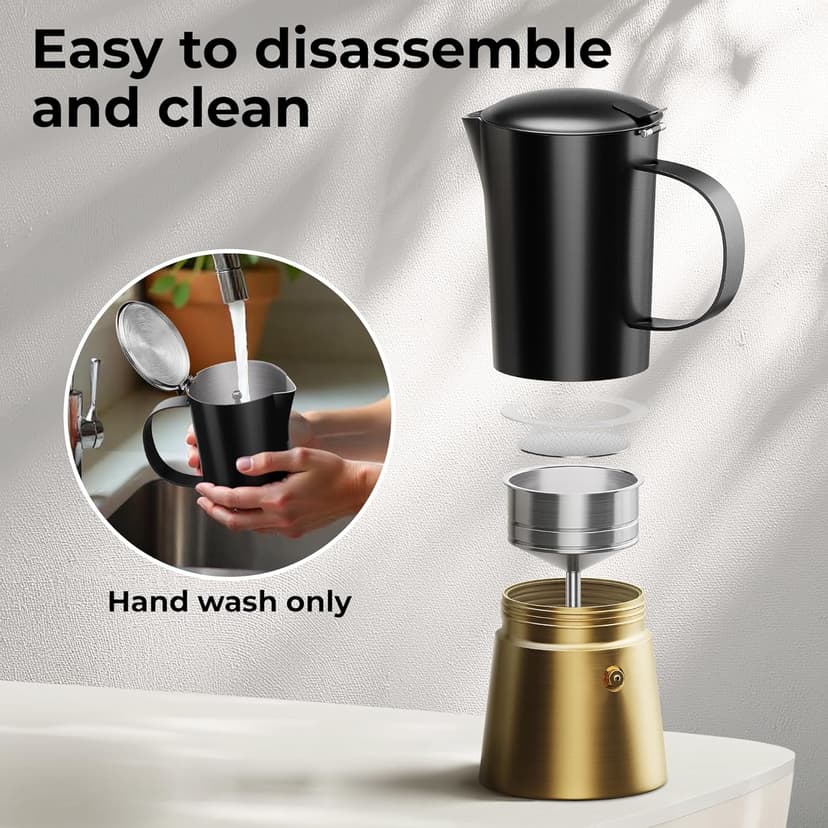 Moka Pot Espresso maker, Stovetop Stainless Steel Manual Espresso Italian Cuban Coffee Maker, 6 cups (350 ml), Elegant Coffee Maker Percolator Cafetera, Black/Gold