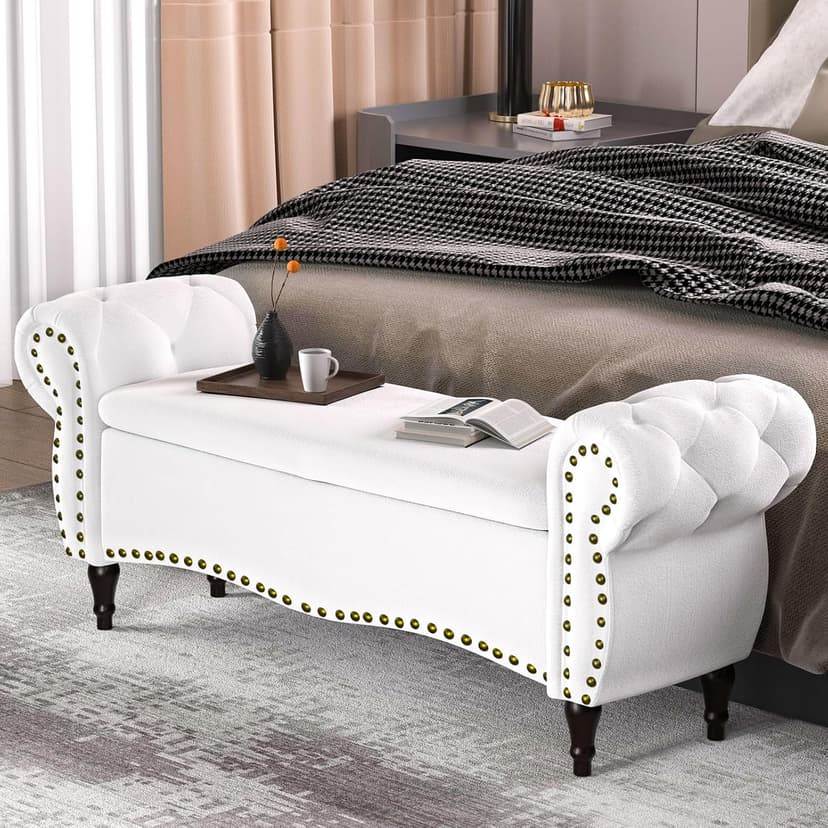 Storage Ottoman Bench, 53" Length Upholstered Bench & Ottoman with Safety Hinge, Tufted Bed Bench with Rolled Arm and Nailhead Trim, End of Bed Storage Bench for Bedroom, Living Room, Entryway