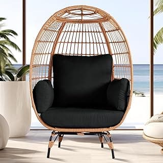 Outdoor Egg Chair, PE Wicker Chair with 4 Thicken Cushions, Patio Chairs 440 lbs Capacity, Oversized Balcony Chairs with Durable Steel Frame Perfect for Balcony, Backyard, Bedroom-Dark Black