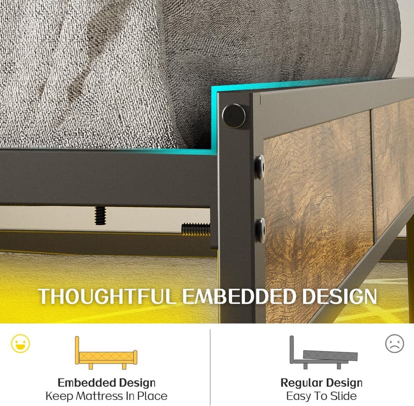 Queen Bed Frame with Headboard, Metal Platform Bed with Smart LED Lights and USB Charging Station, Easy Assembly, No Box Spring Needed