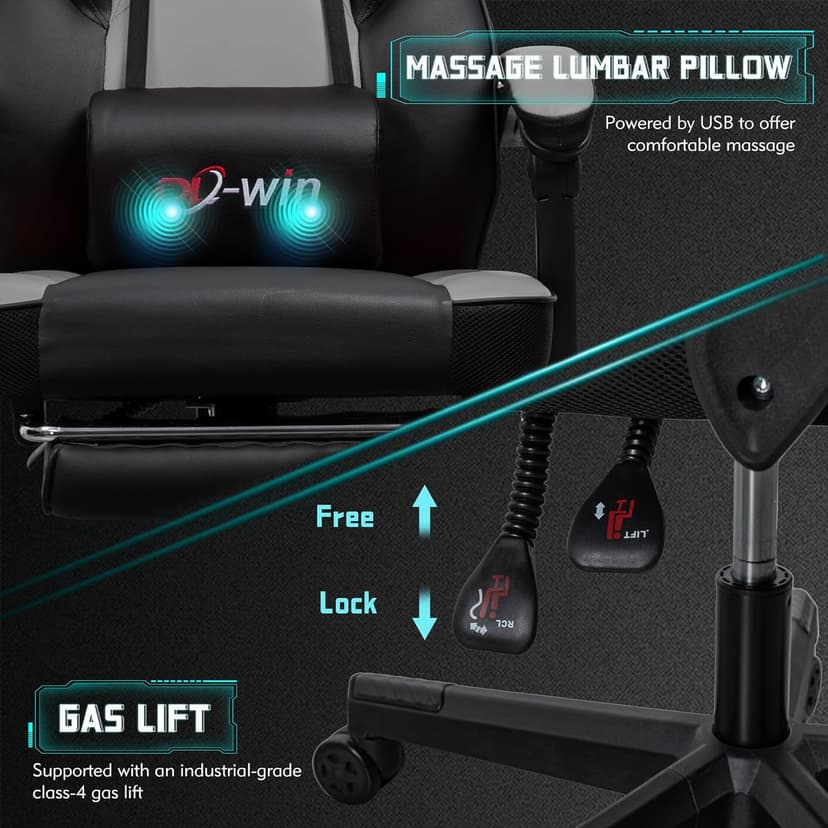 Meilocar Gaming Chair for Adult, Computer Chair with Footrest Video Game Chair Big and Tall Gaming Chair with Massage Lumbar Support, Adjustable Height and 360° Swivel Seat(Grey)