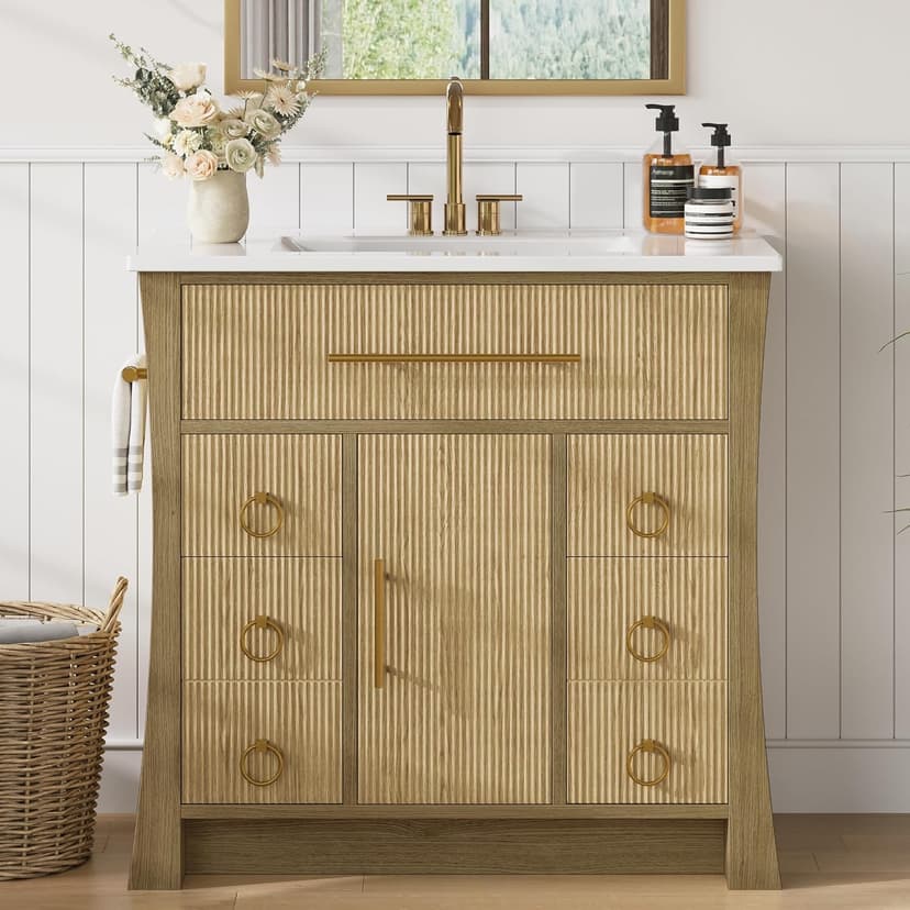 IRONCK 36" Bathroom Vanity with Sink, Freestanding Bathroom Sink Cabinet with 4 Drawers & 1 Flip-Down Drawer, Wood Grain Texture, Metal Handle, Farmhouse