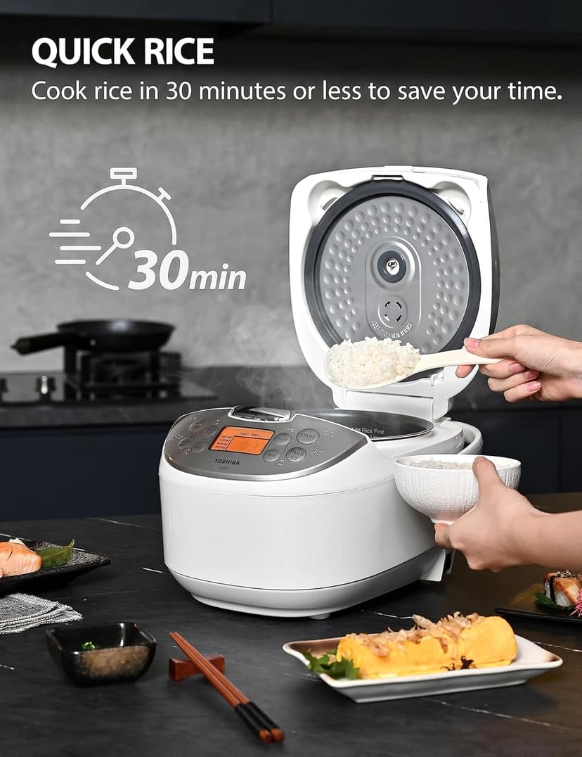 TOSHIBA Rice Cooker 6 Cup Uncooked – Japanese Rice Cooker with Fuzzy Logic Technology, 7 Cooking Functions, Digital Display, 2 Delay Timers and Auto Keep Warm, Non-Stick Inner Pot, White