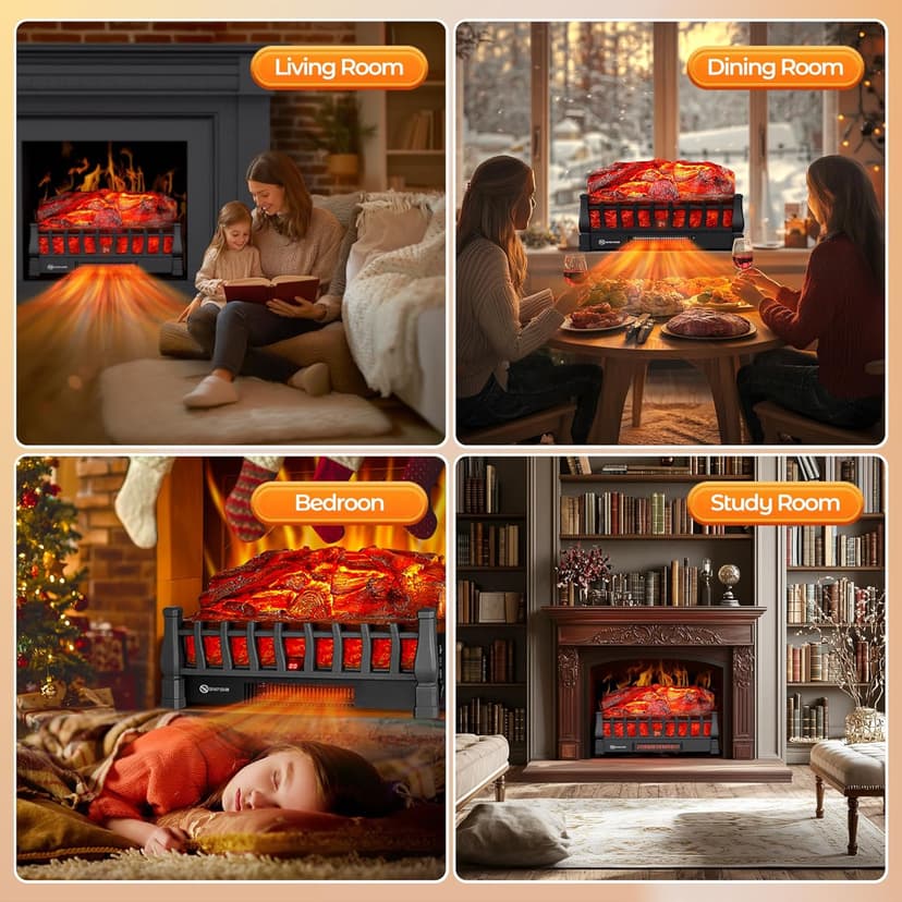Electric Fireplace Logs Inserts Heater with Infrared Remote, 24 H Timer, 5 Flame Brightness, Thermostat, Overheating Protection for Home & Office