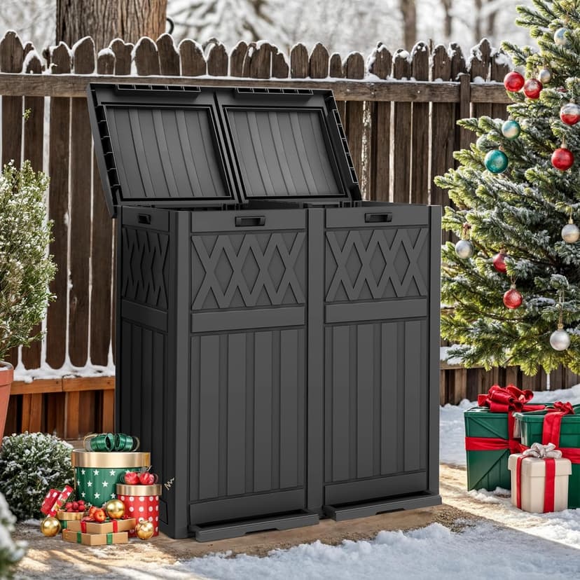 DWVO 66 Gallon Double-Bin Outdoor Trash Can, Waterproof Resin Garbage Can with Tiered Lid and Drip Tray for Patio, Kitchen, Deck, and Backyard - Black