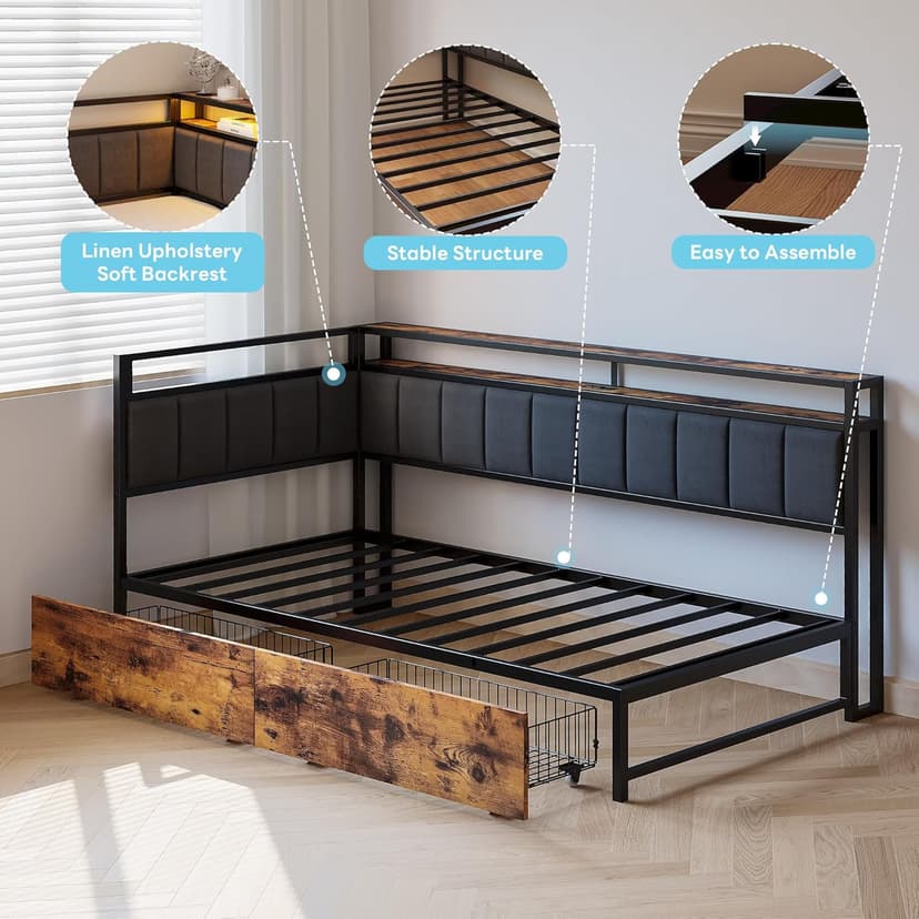 LIKIMIO Corner Bed Frame Twin Daybed with Storage Drawers, Metal Platform Bed Frame with LED Light, Charging Station & Fabric Upholstered Fence, Black