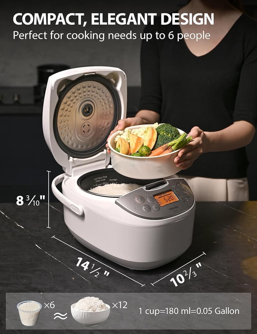 TOSHIBA Rice Cooker 6 Cup Uncooked – Japanese Rice Cooker with Fuzzy Logic Technology, 7 Cooking Functions, Digital Display, 2 Delay Timers and Auto Keep Warm, Non-Stick Inner Pot, White