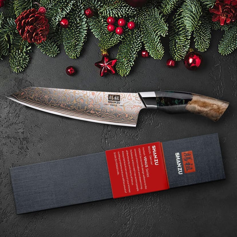 SHAN ZU Damascus Chef Knife 8 inch, Japanese Kitchen Knives Copper & Damascus Steel High Carbon 33 Layer Hand Forged Utility Knife Professional Sharp Carving Knife with Maple Wood Handle
