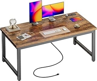 Huuger 55 x 24 inch Desk with Power Outlets & USB-C, Deeper & Thicker Desktop, Robust Metal Tubes, Computer Desk, Heavy Duty Office Desk, Work Gaming Desk for Home Office, Rustic Brown