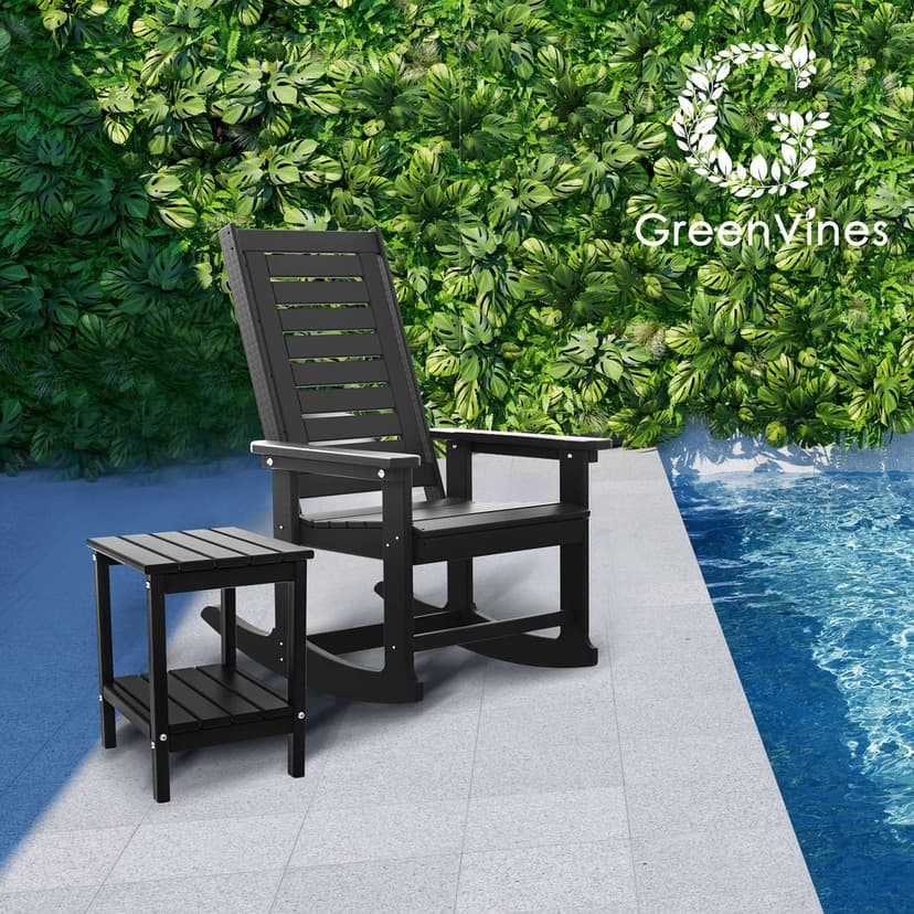 GREENVINES Outdoor Rocking Chairs | Set of 2 | Porch Rocker | HDPE Plastic | Black | Oversized Rockers | High Back | Big & Tall | Ladder Back | for Patio Outside Backyard Balcony