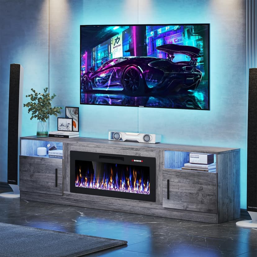 VITESSE TV Stand with 36" inch Electric Fireplace Up to 90" TVs, LED Light Entertainment Center, 80" Modern Wood High Gloss Fireplace with Highlight Storage Cabinet for Living Room (Gray)