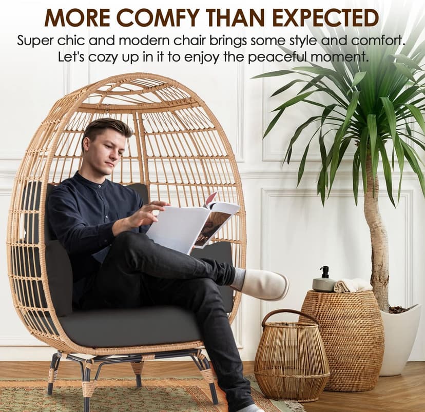 Oversized Wicker Egg Chair Set of 2, Outdoor Indoor Lounger with 4 Cushions, 440lb Capacity, Egg Basket Chair for Living Room, Backyard, Balcony, Patio, Black