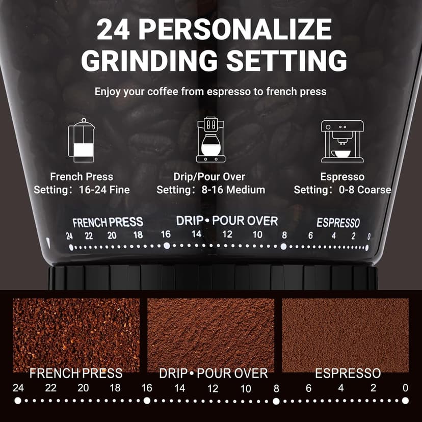 AMZCHEF Coffee Grinder, Coffee Bean Grinder for Home Use with Precise Grinding, LED Control Panel, Detachable Funnel Stand, Anti-static Design, 48 Grind Settings, silver