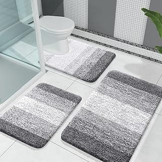 OLANLY Bathroom Rugs Sets 3 Piece, Soft Absorbent Microfiber Bath Mats and U-Shaped Contour Toilet Rug, Plush Shaggy Bath Mat Set for Bathroom (30"x20"+24"x16"+24"x20", Grey)