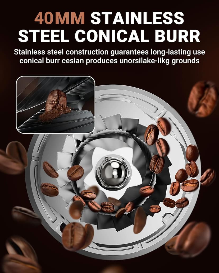 AMZCHEF Coffee Grinder, Coffee Bean Grinder for Home Use with Precise Grinding, LED Control Panel, Detachable Funnel Stand, Anti-static Design, 48 Grind Settings, silver