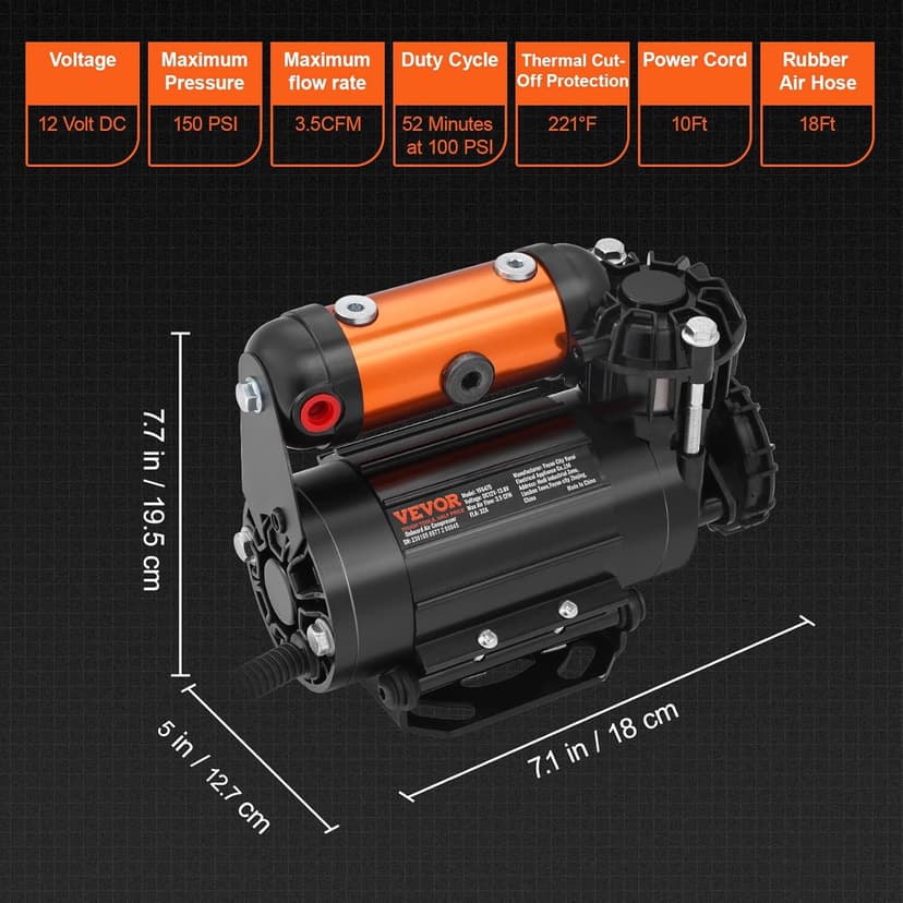 VEVOR Onboard Air Compressor Kit 150PSI Offroad Air Compressor Portable Tire Inflator Heavy Duty 3.5CFM Air Pump for Jeep SUV 4x4 Vehicle Compatibility with Air tools, Air horns, Lockers