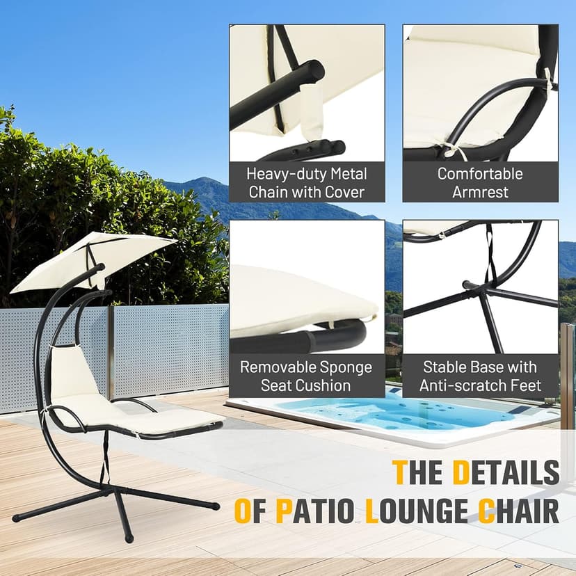 Giantex Outdoor Hanging Chaise Lounge Chair, Patio Hammock Chair with Removable Canopy, Cushion & Anti-toppling Rope, Hanging Arc Chaise Hammock for Patio Poolside Backyard Garden Porch (Beige)