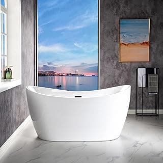 WOODBRIDGE 59" Acrylic Freestanding Bathtub Contemporary Soaking White Tub with Matte Black Overflow and Drain，B0016 -MB-Drain &O