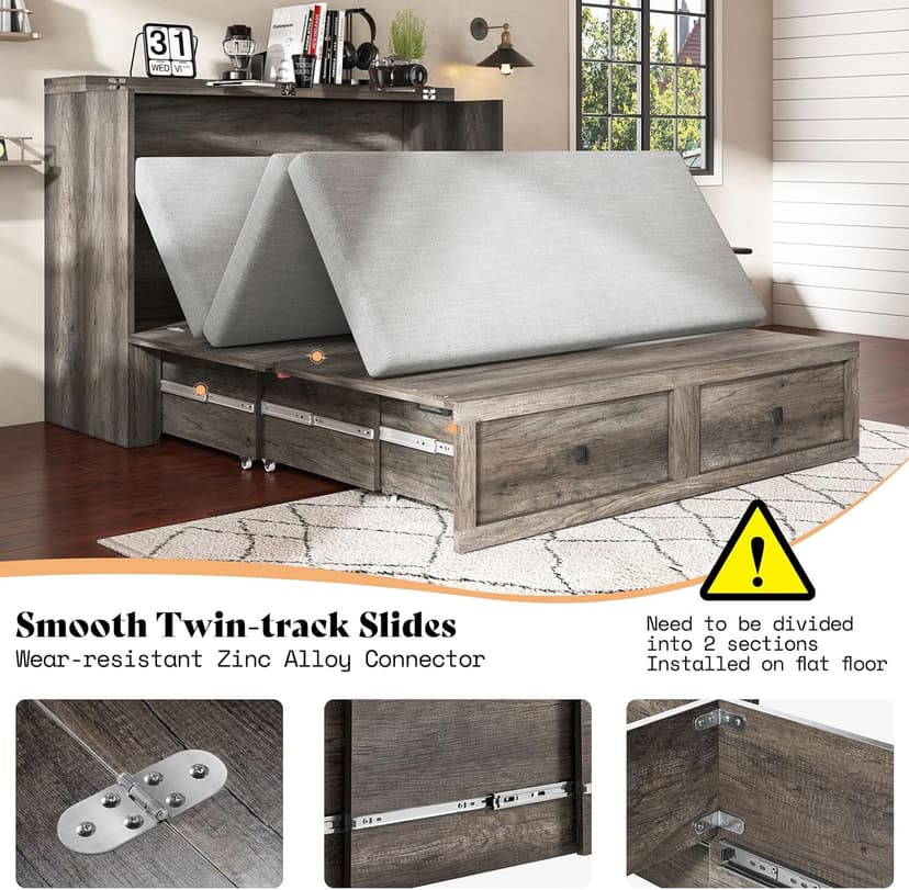 AMERLIFE Queen Murphy Bed with Storage & Charging Station, Farmhouse Murphy Cabinet with Foldable Panel, Noisy Free, for Living Room, Guest Bedroom, Office, Rustic Gray