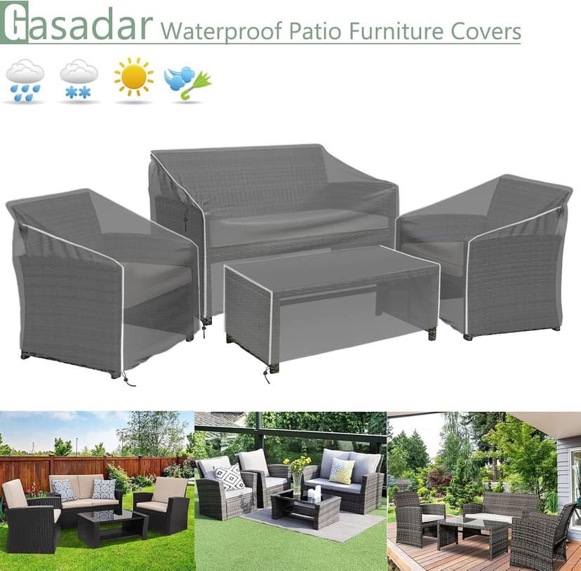 Gasadar Patio Furniture Covers, 4-Piece Outdoor Furniture Cover Waterproof for Patio Loveseat, Chair and Coffee Table, 600D Heavy Duty, Grey