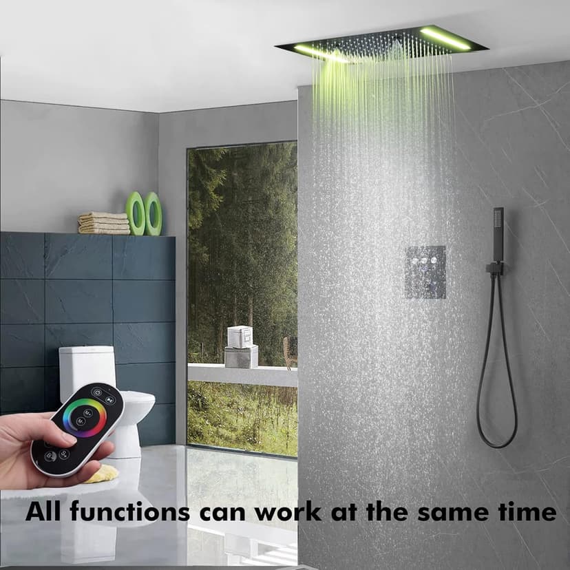 14 X 20 Inch LED Rain Ceiling Shower Head with Hand Sprays Thermostatic Rainfall Shower System Set Digital Display Matte Black