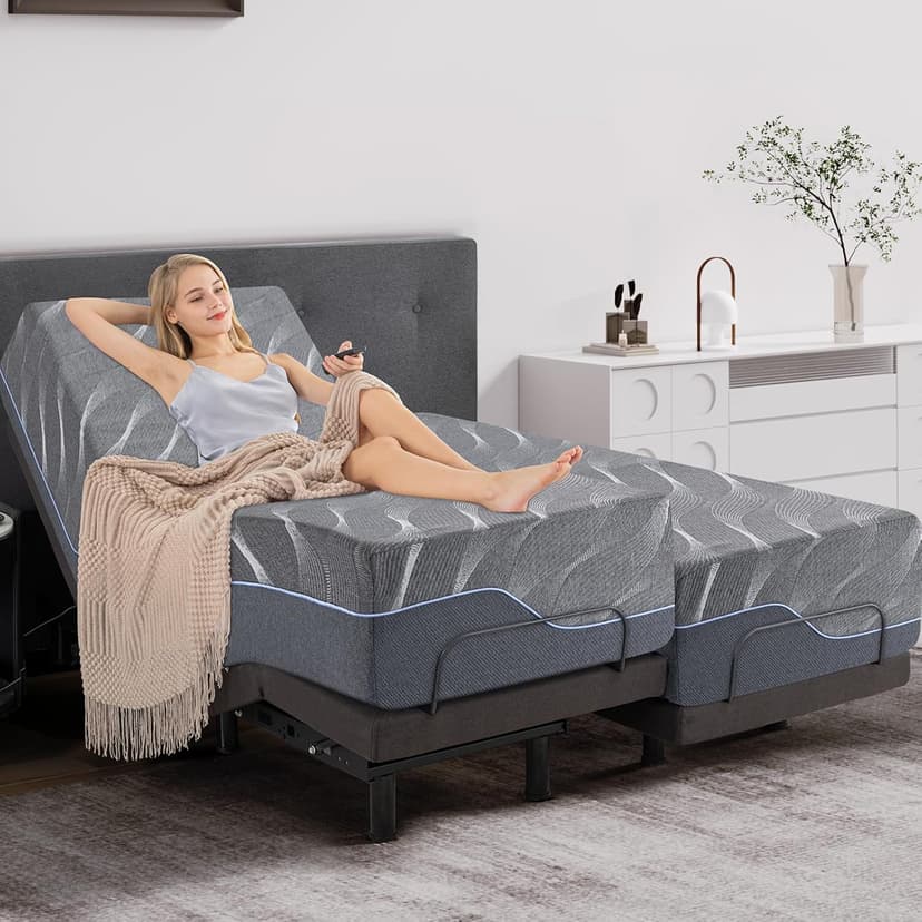 Split King Adjustable Bed Frame with Mattress, 14 Inch Grey Gel Memory Foam Medium-Firm Mattress in Box, Updated Adjustable Bed Base with Thickened Form Frame, Massage, Wireless Remote Smart Bed