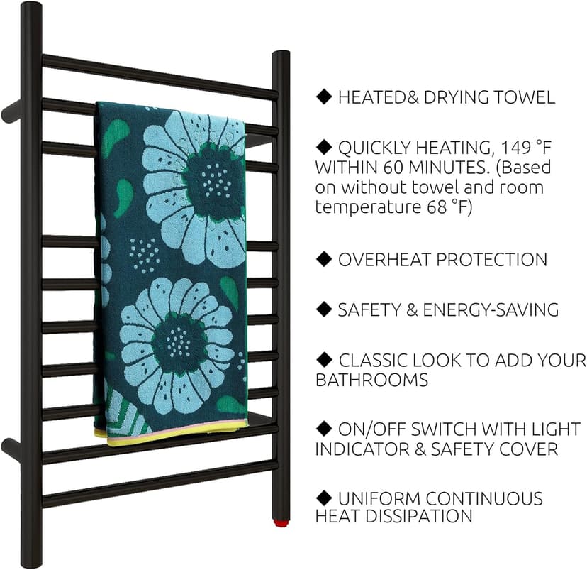 HEATGENE Towel Warmer, Compact Electric Towel Warmer for Small Bathroom, Wall-Mounted Electric Towel Racks, Plug-in/Hardwired Electric Towel Rails - Matte Black