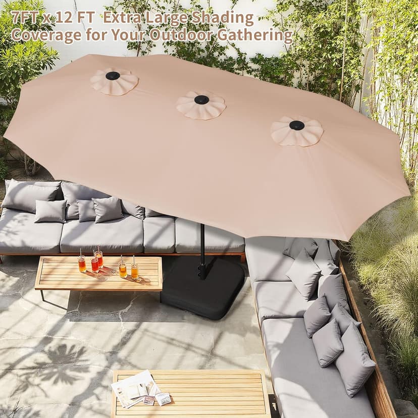 Shintenchi 13FT Large Patio Umbrella with Base, Outdoor Double-Sided Rectangular Shade with Crank Handle for Poolside Lawn Garden, Khaki