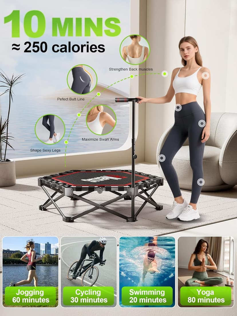 42" Foldable Mini Trampoline- 450lb Capacity Fitness Rebounder w/3-Level Adjustable T-Bar, Adults Workout Trampoline, Non-Slip Pad | Foldable Design for Home/Gym