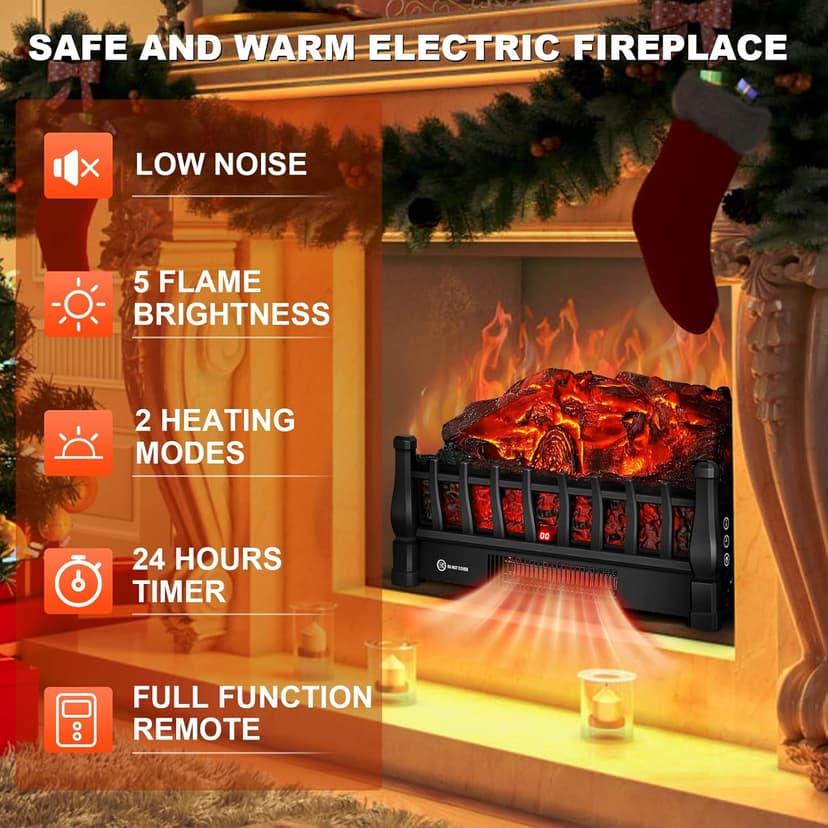Electric Fireplace Logs Inserts Heater with Infrared Remote Controller 5 Flame Brightness 24 H Timer Overheating Protection for Home and Office Decor Black