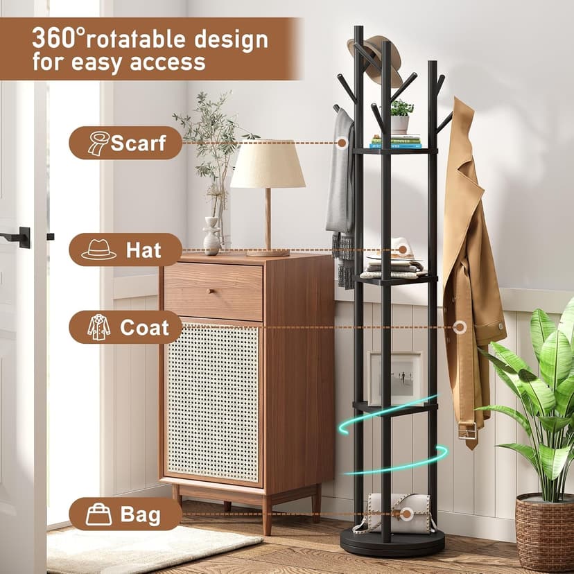 FILWH Bamboo Coat Rack Rotary Freestanding with Shelf Coat Tree Stand for Hallway Entryway with 9 Hooks and 3 Storage Shelves (Black)