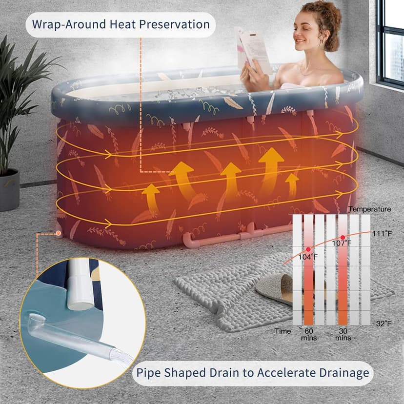 Portable Bathtub,Foldable Freestanding Bathtub,Japanese Soaking Tub,Shower Stall Tub,Bathroom Folding SPA Bath For Adults, Boys & Girls,Outdoor/Indoor Hot Ice Bath,47 Inch,Blue,PVC & Al Alloy