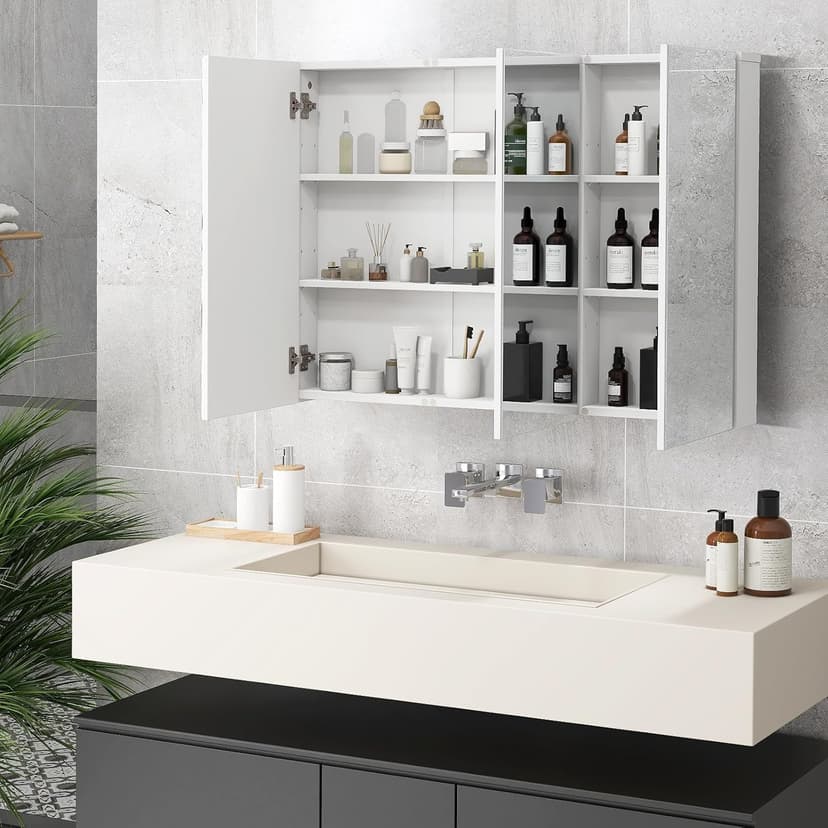 GOFLAME Medicine Cabinet with Mirror, Frameless Bathroom Wall Mounted Mirror Cabinet with 3 Doors and Adjustable Shelves, Bathroom Mirror with Storage, Recess or Surface Mount Installation