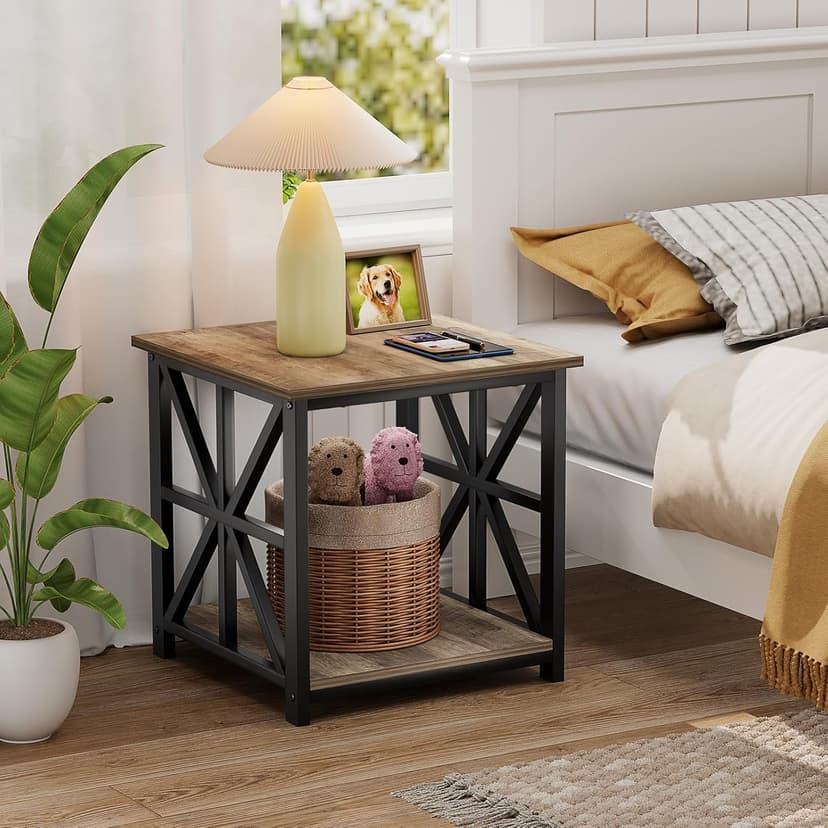 GreenForest End Table with 2-Tier Storage Shelf, 24 inch Large Side Table for Living Room,Modern Nightstand for Bedroom Bedside Office Farmhouse, Grey Wash