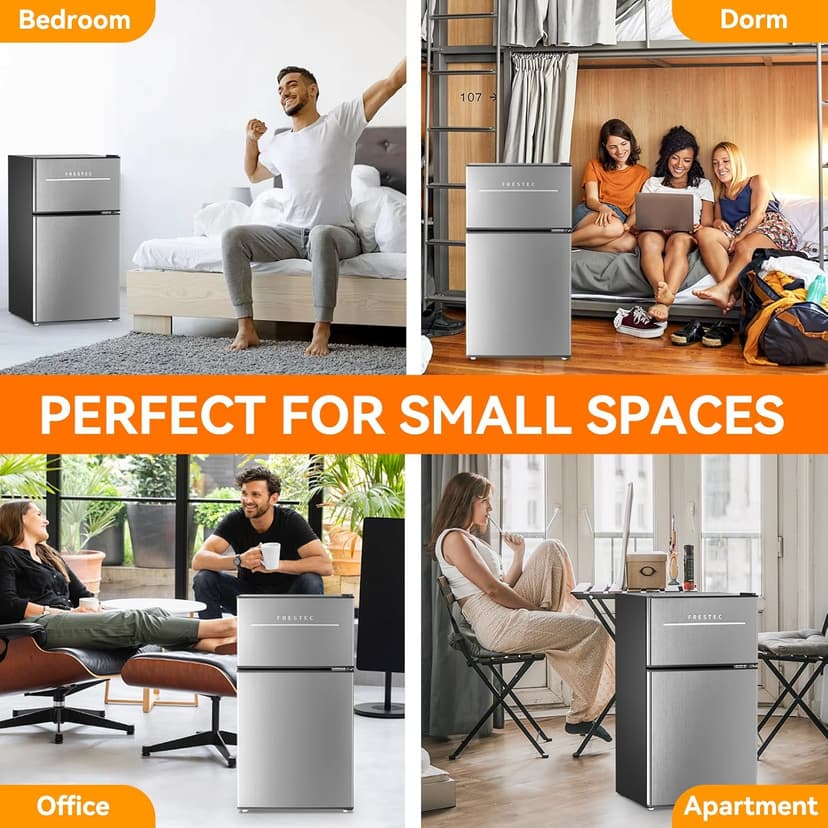 Frestec Mini Fridge with Freezer 3.2 Cu.Ft. 2 Door Refrigerator and Freezer Small Fridge for Bedroom Home Office Dorm, Small Drink Chiller, 37 dB Low Noise, Stainless Steel