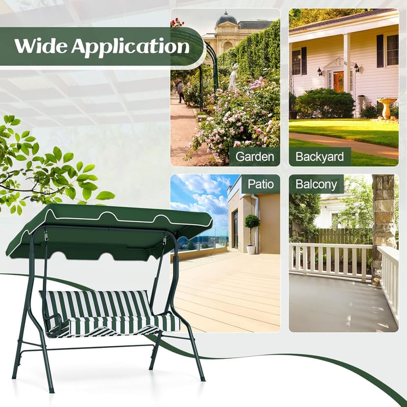 Tangkula 3 Person Porch Swing, Patio Swing with Removable Cushion & Powder-Coated Steel Frame, Outdoor Swing with Canopy for Porch, Backyard, Garden, Balcony (Green)