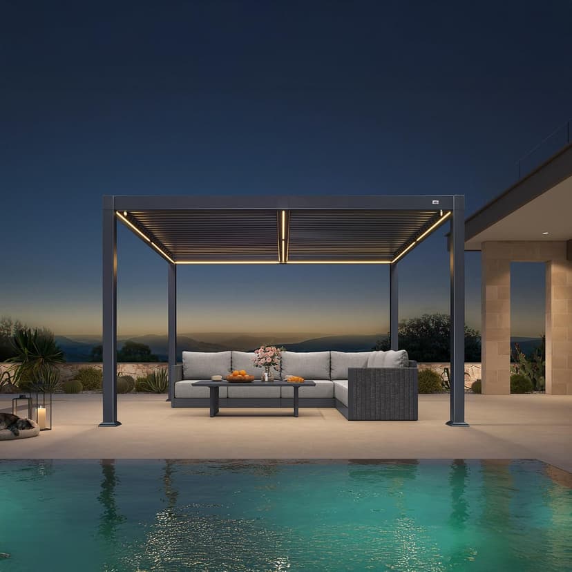 PURPLE LEAF Solar Louvered Pergola 92KS 10' x 12' with LED String Lights and Control Panel Aluminum Outdoor Pergola with Adjustable Roof for Patio Deck Garden Yard Gray