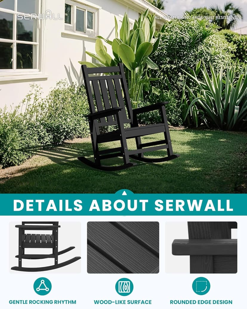 SERWALL Oversized Outdoor Rocking Chair Set of 2, HDPE Rocker for Adults, Patio Rocking Chairs for Porch, Black