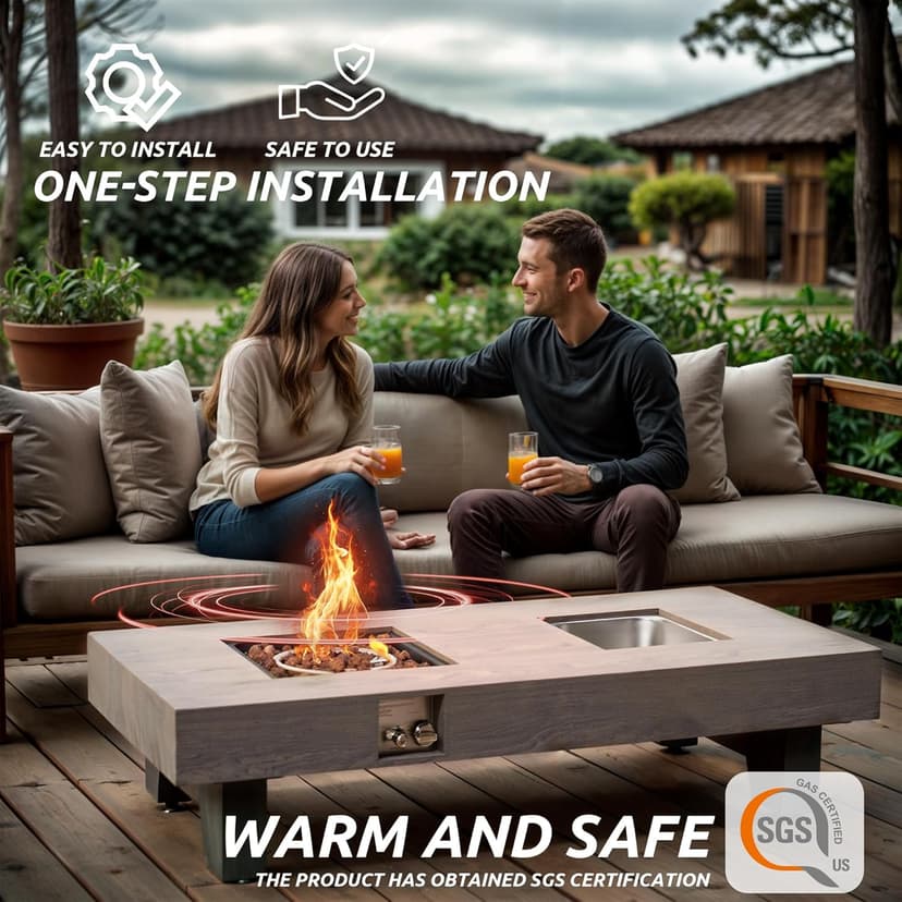 Propane Fire Pit,Outdoor Gas Fire Pit Table with Rain Cover,Rectangular Heater for Patio, Backyard, Deck,50,000BTU Outdoor Modern Patio Fire Pit (Wood, 54)